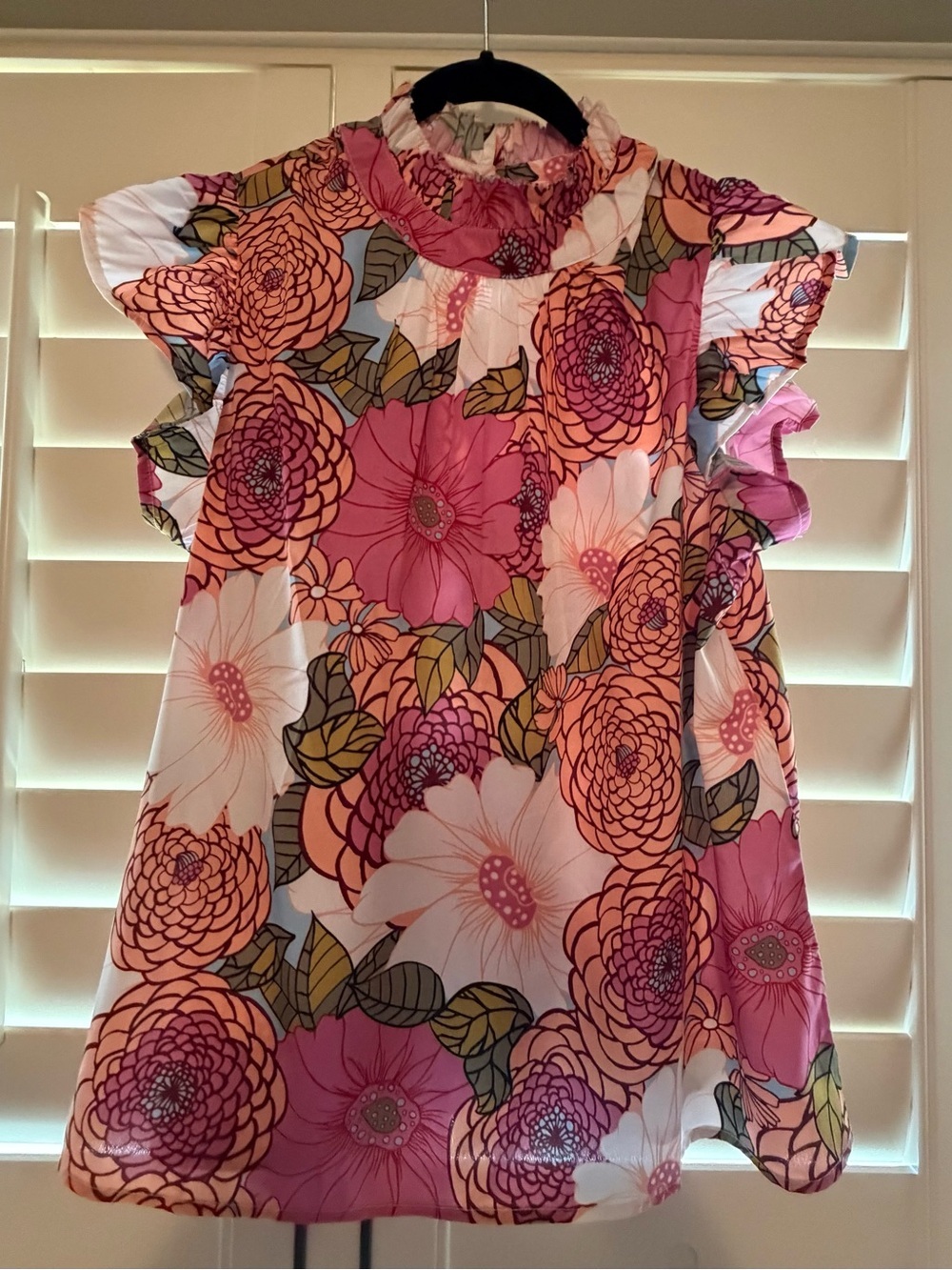 THML Pink Floral Ruffle Neck Flutter Sleeve Blouse